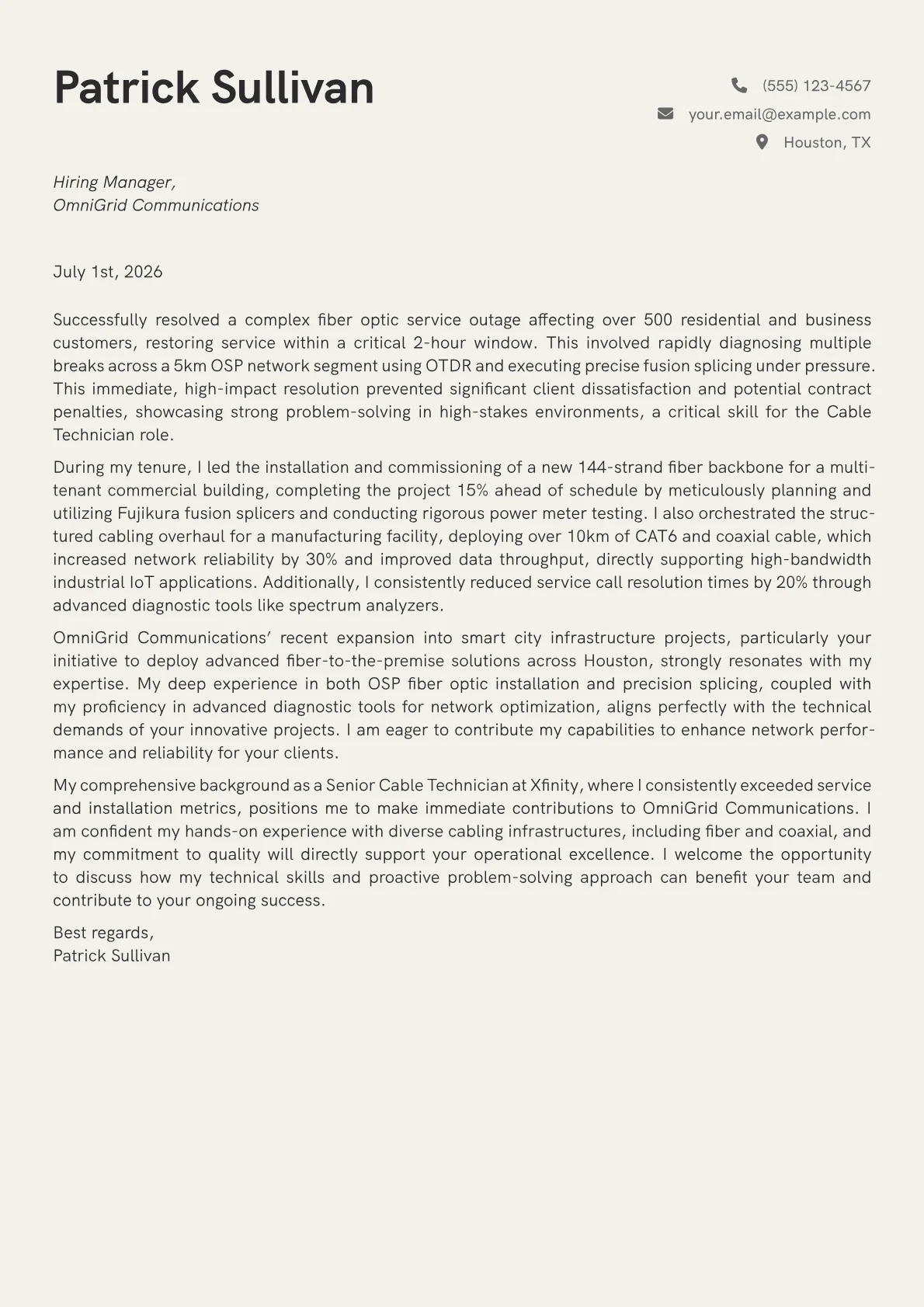 Cable Technician cover letter formatted with a JobSprout template