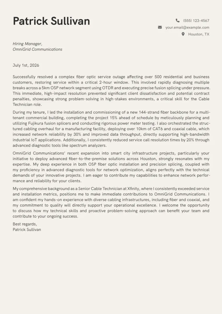 Cable Technician cover letter example