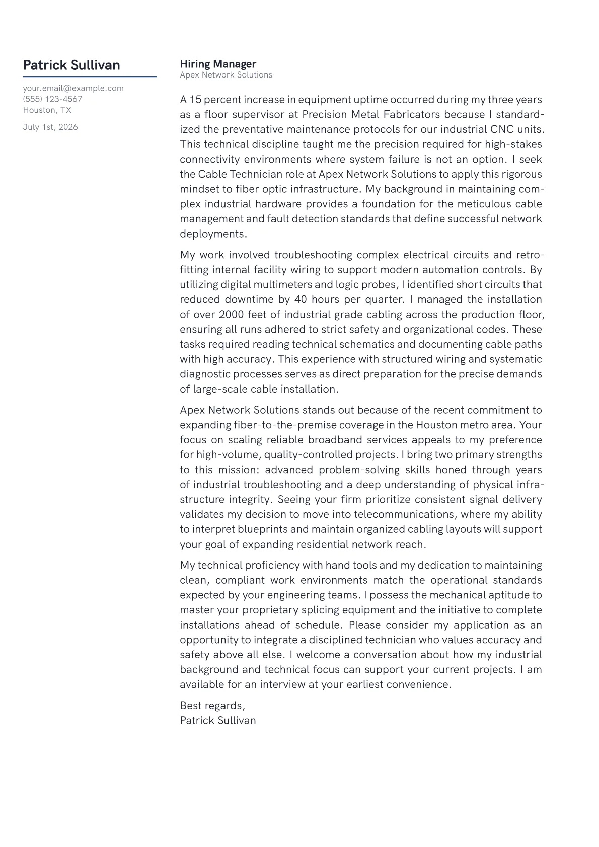 Cable Technician cover letter in the Margin design