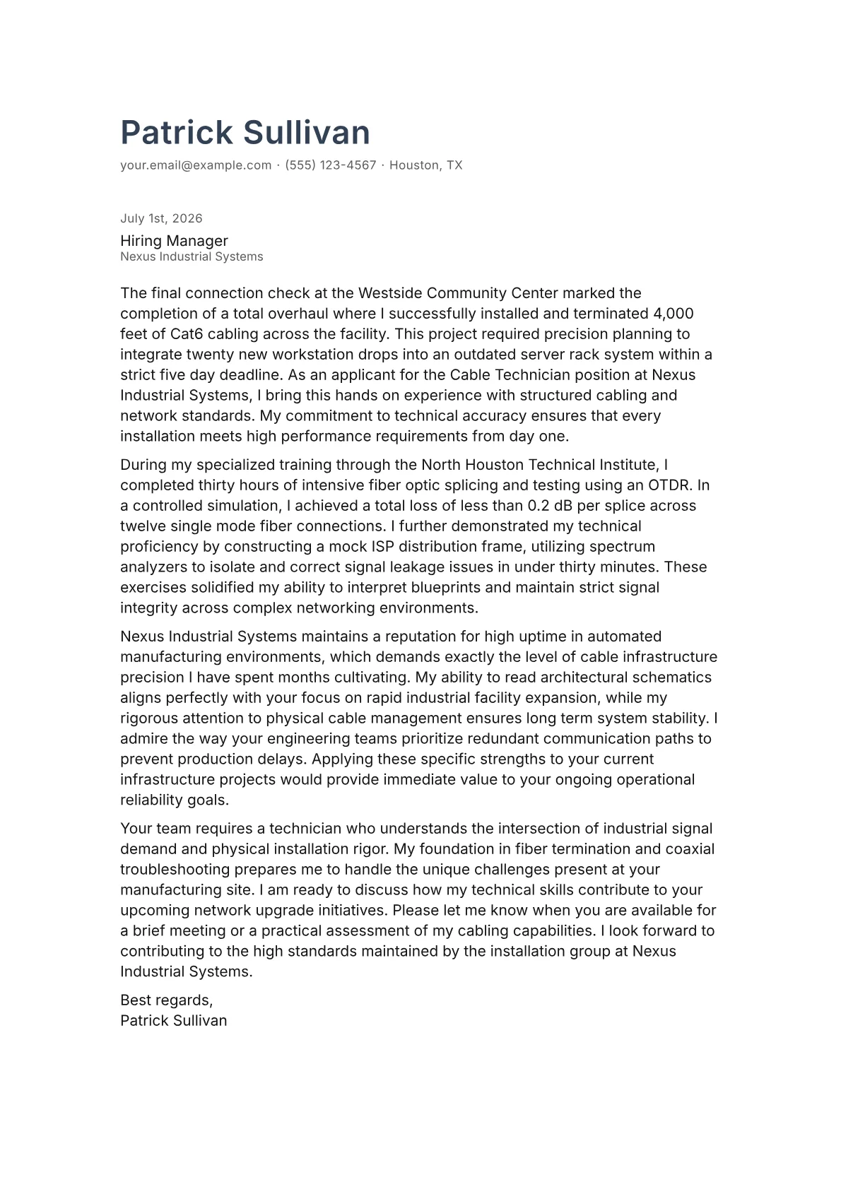 Cable Technician cover letter in the Minimal design