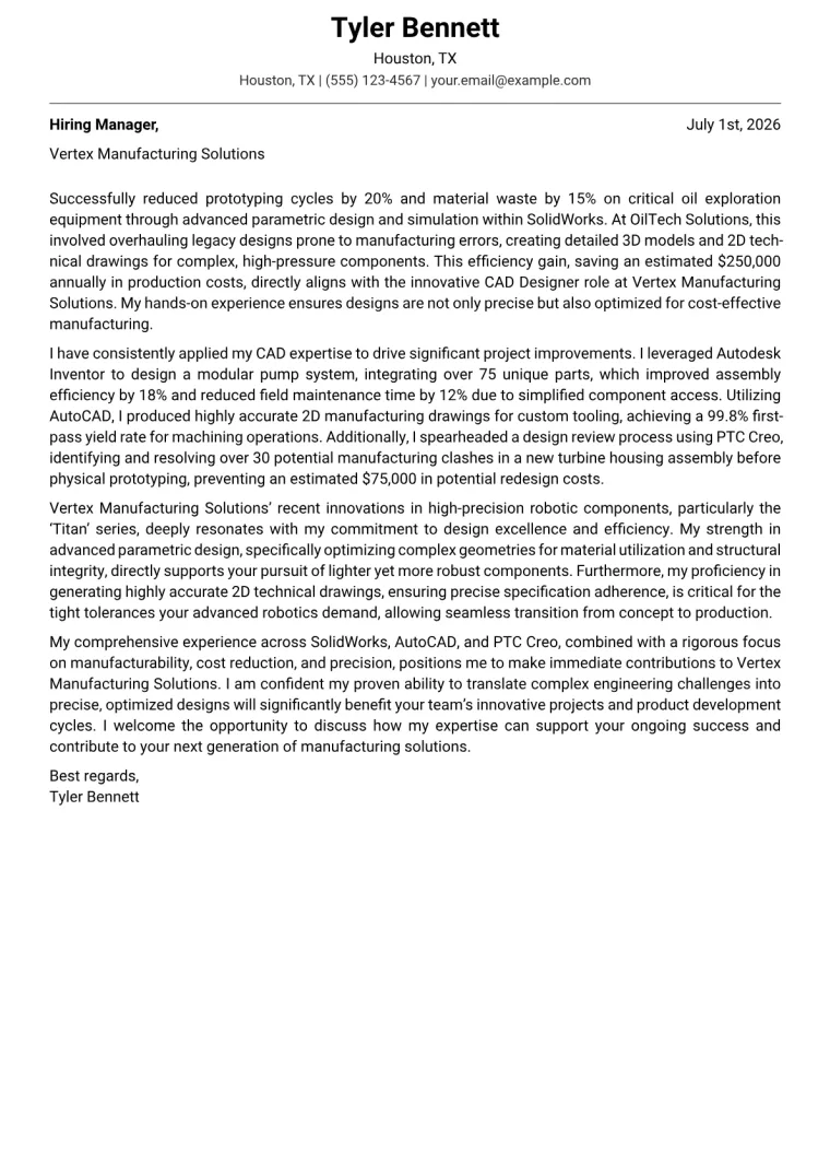 CAD Designer cover letter example preview