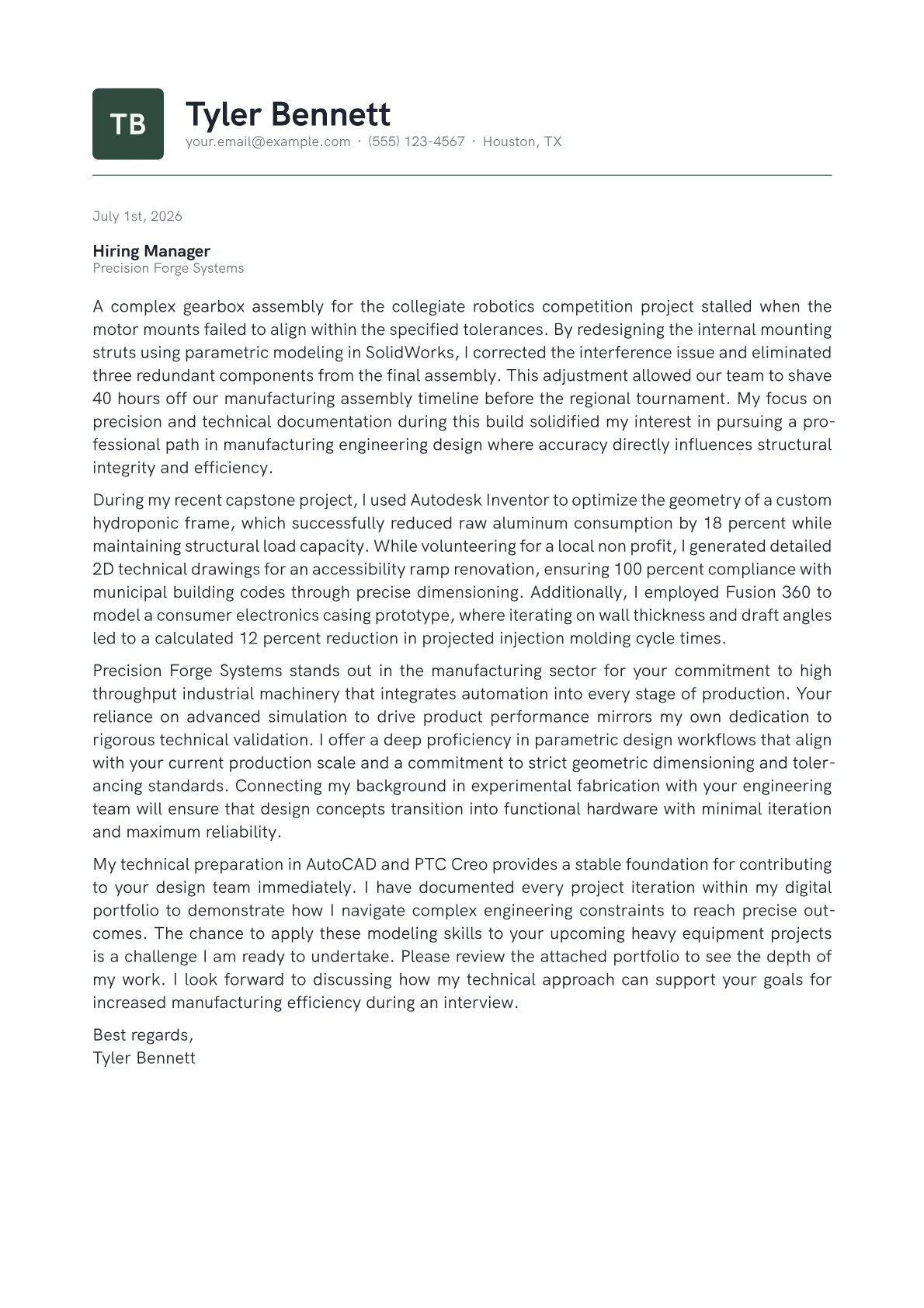 CAD Designer cover letter in the Emblem design