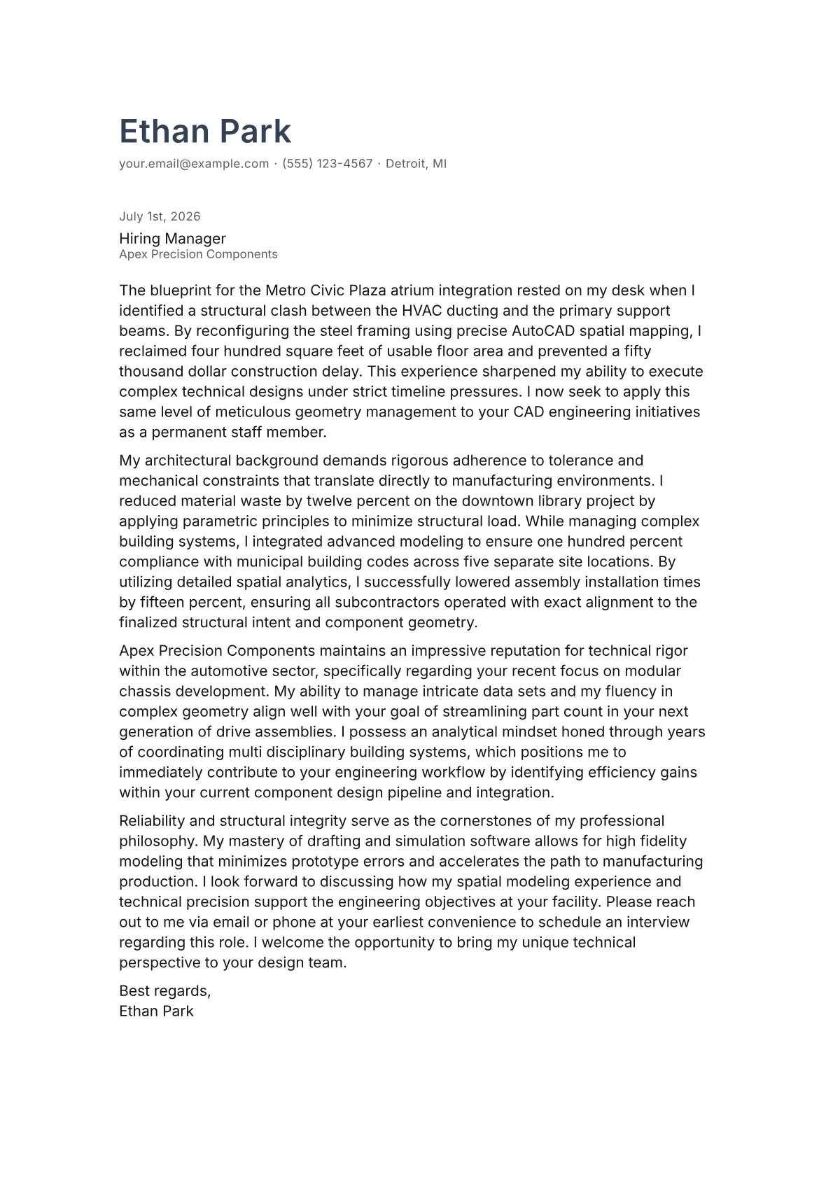 CAD Engineer cover letter in the Minimal design