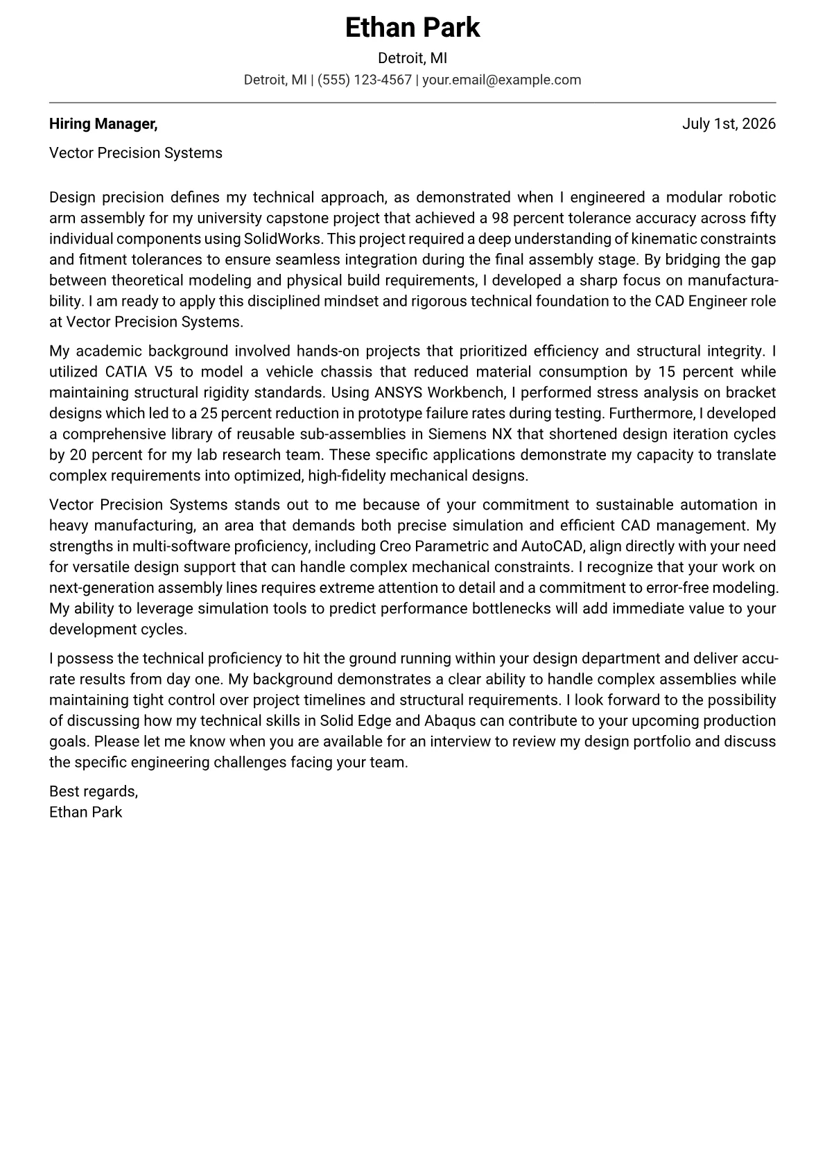 CAD Engineer cover letter in the Modern design