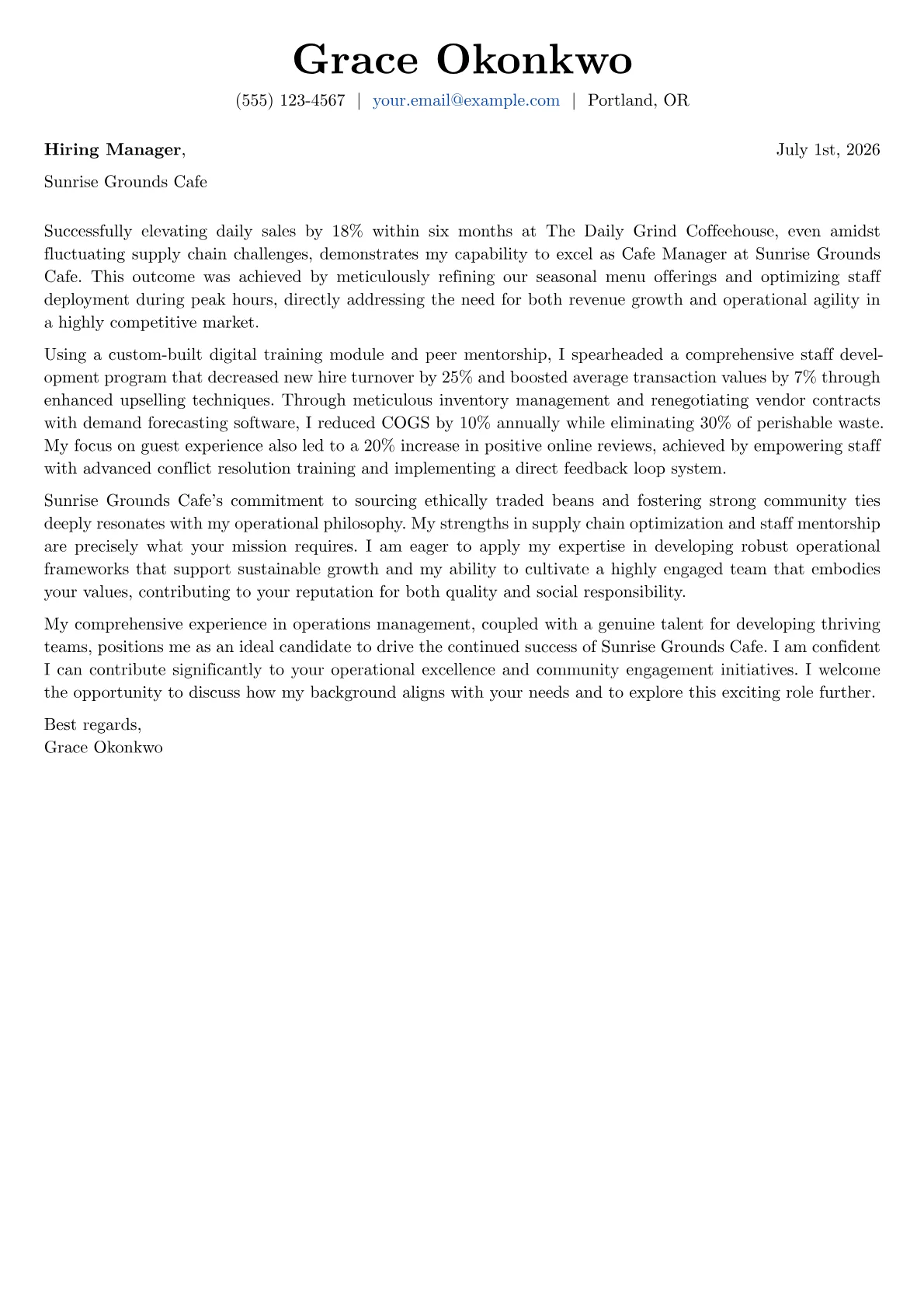 Cafe Manager cover letter formatted with a JobSprout template