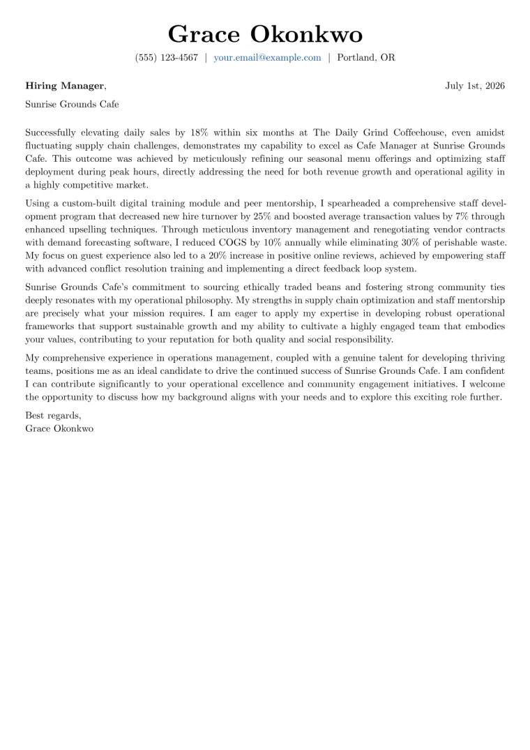 Cafe Manager Cover Letter Example