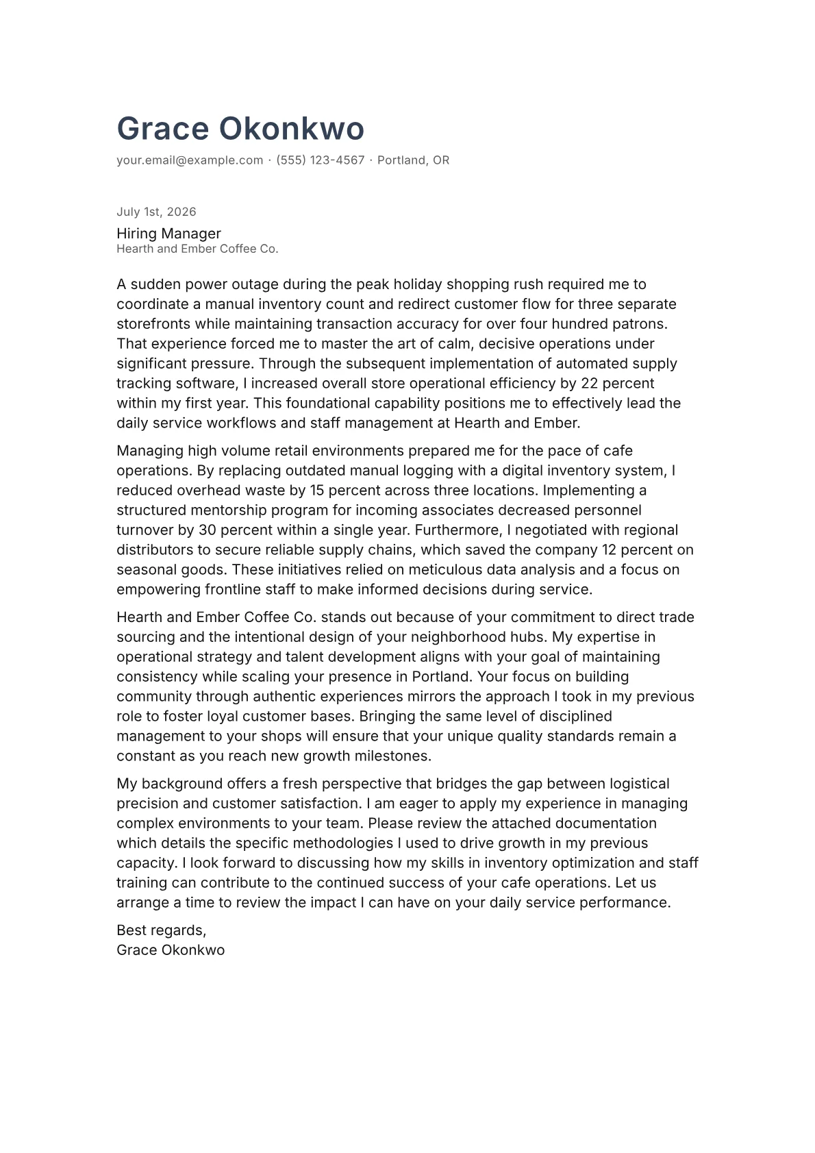 Cafe Manager cover letter in the Minimal design