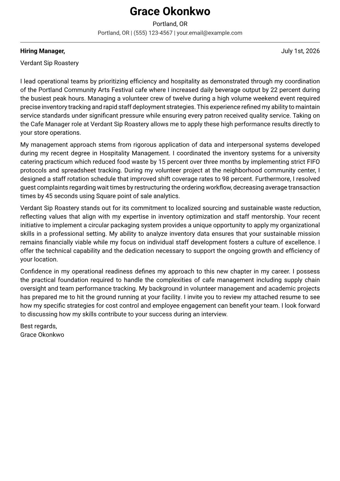 Cafe Manager cover letter in the Modern design