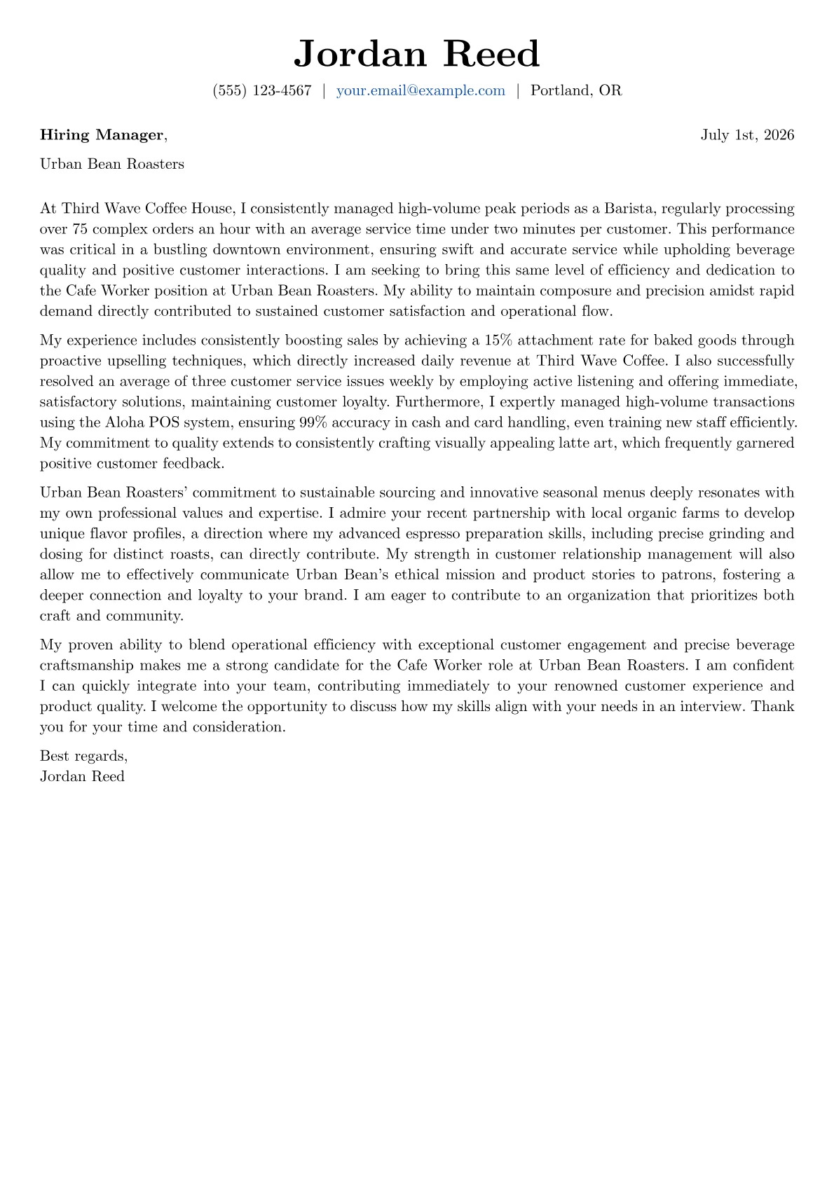 Cafe Worker cover letter formatted with a JobSprout template