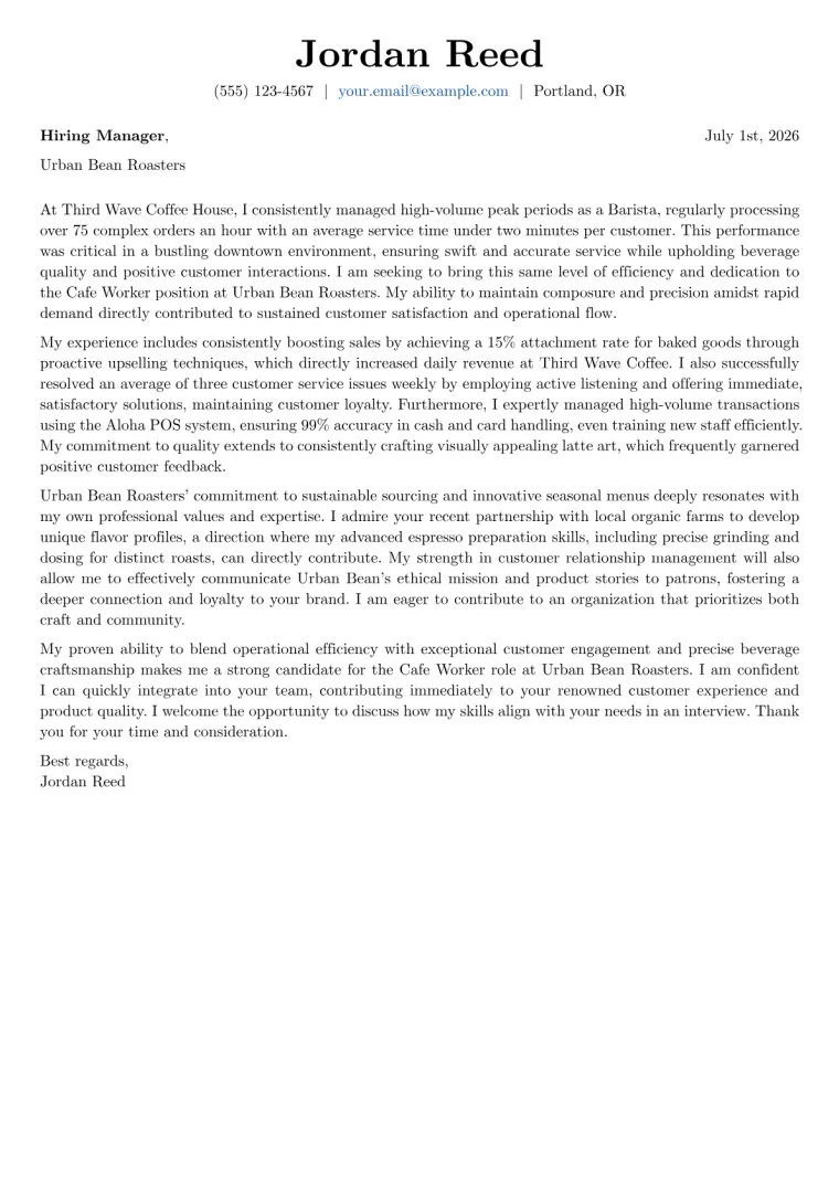 Cafe Worker cover letter example preview