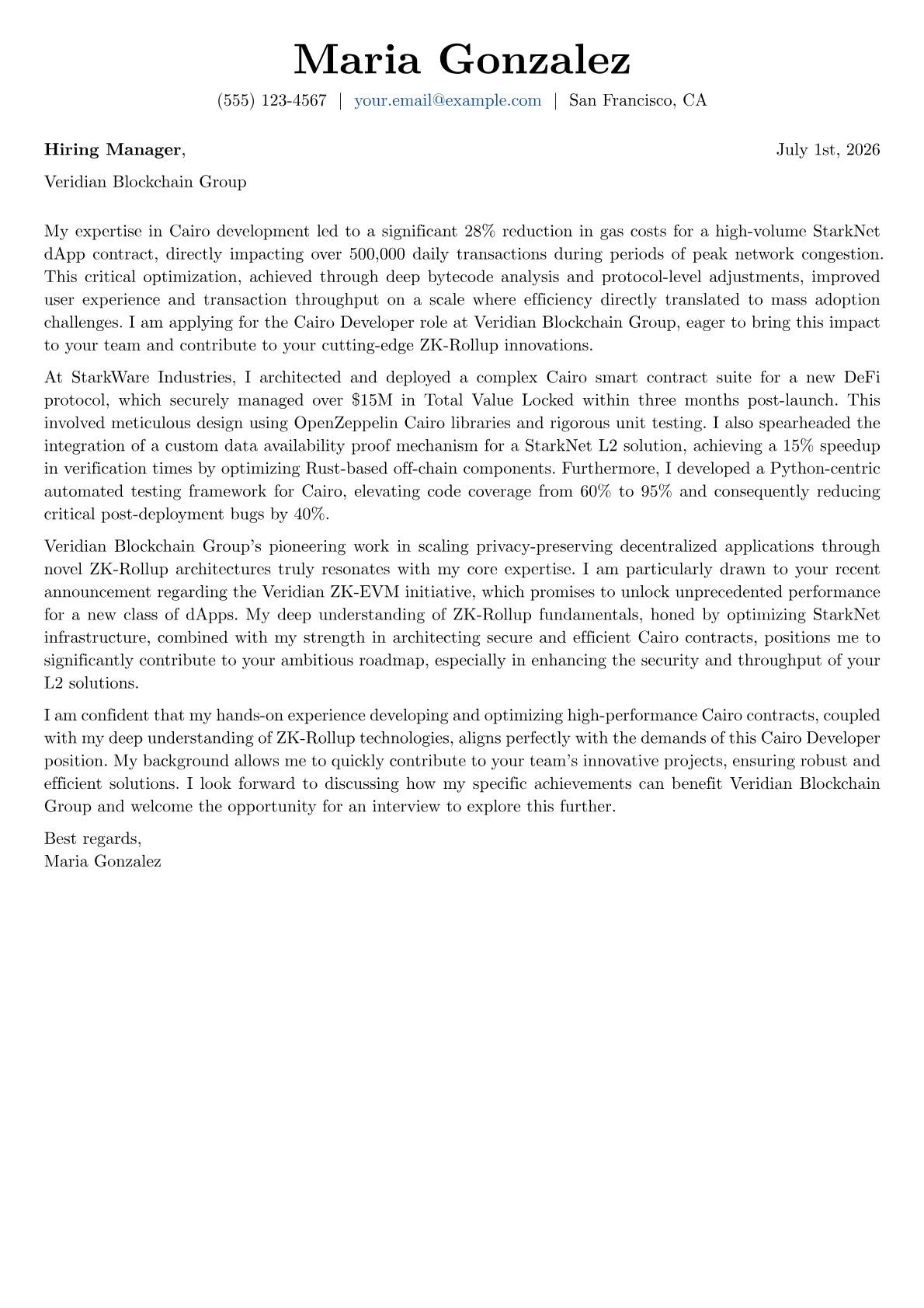 Cairo Developer cover letter formatted with a JobSprout template