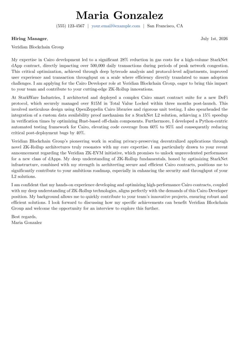 Cairo Developer cover letter example preview