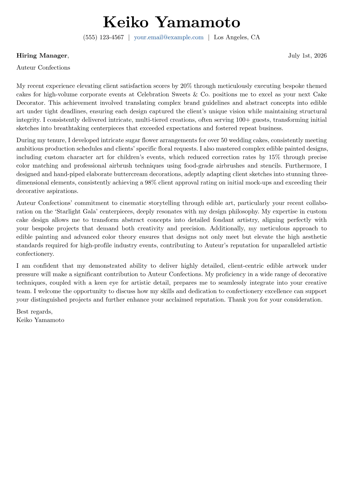 Cake Decorator cover letter formatted with a JobSprout template
