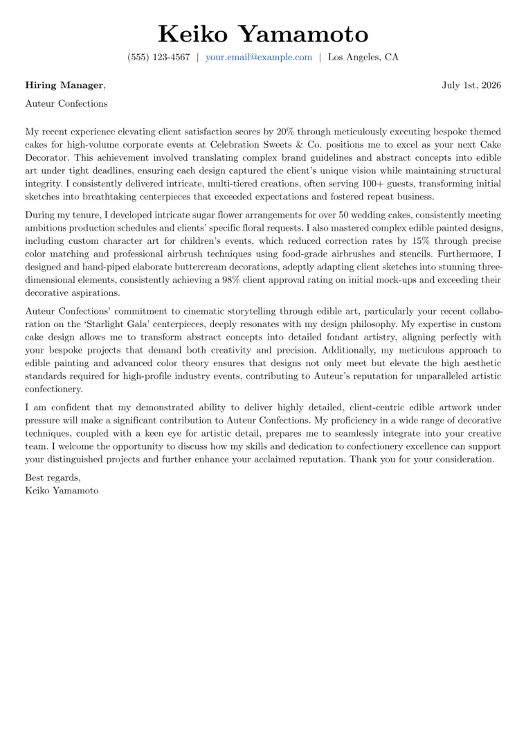 Cake Decorator cover letter example