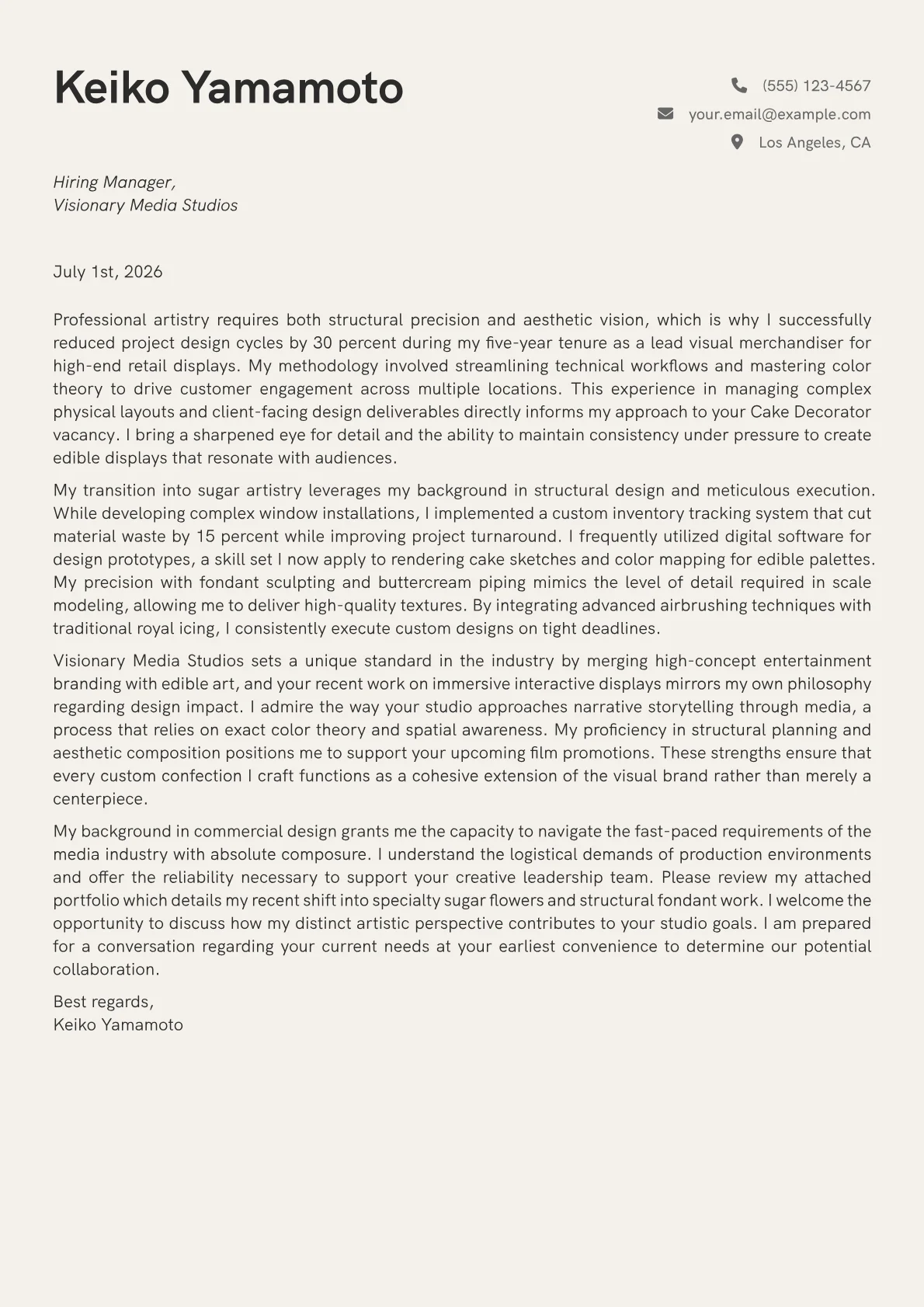 Cake Decorator cover letter in the Creative design