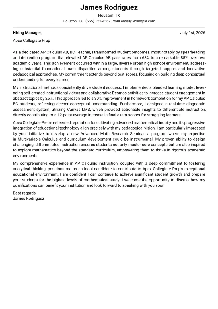Calculus Teacher cover letter example preview