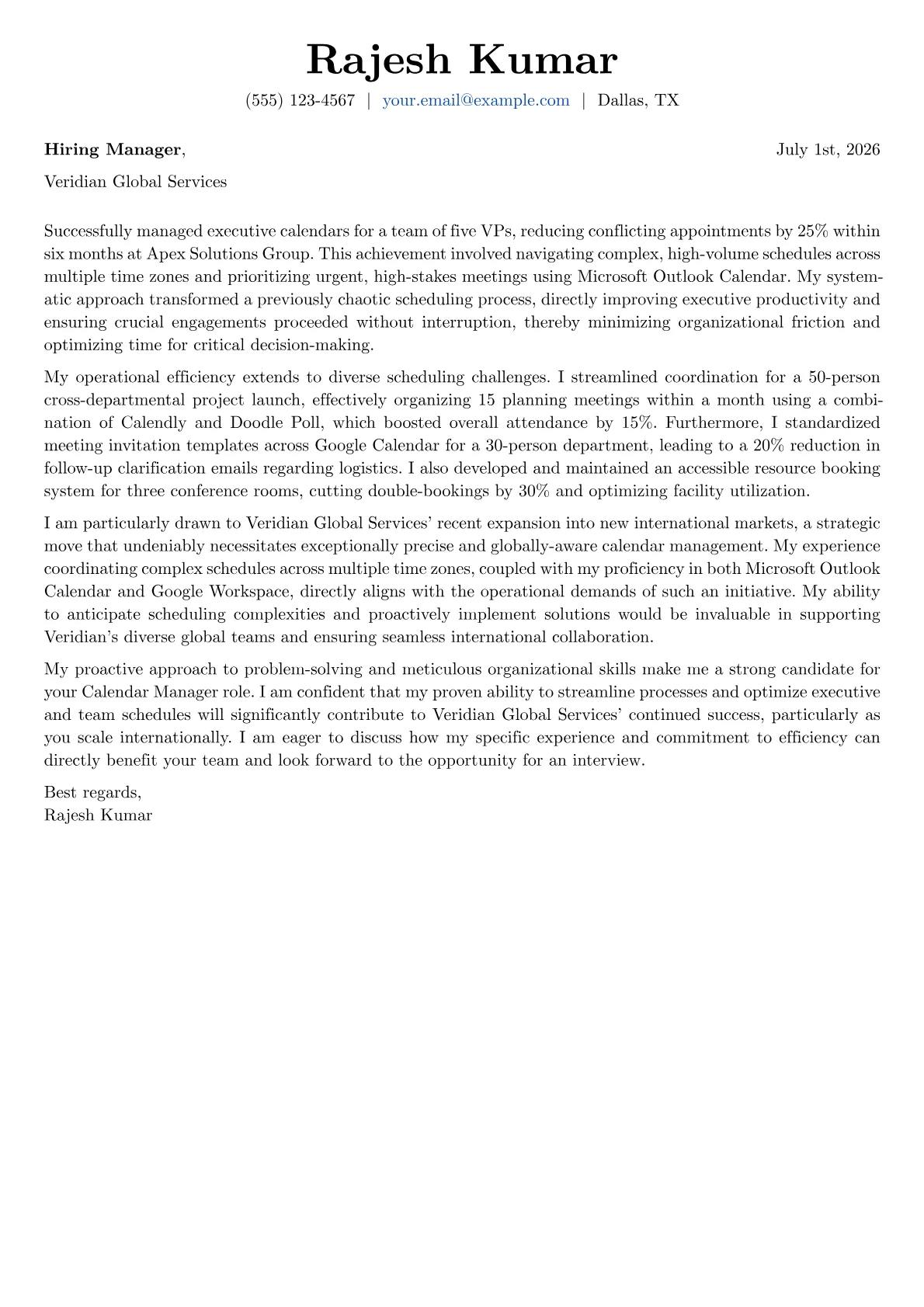 Calendar Manager cover letter formatted with a JobSprout template