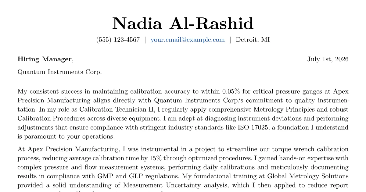 Calibration Technician Cover Letter Example (2026)