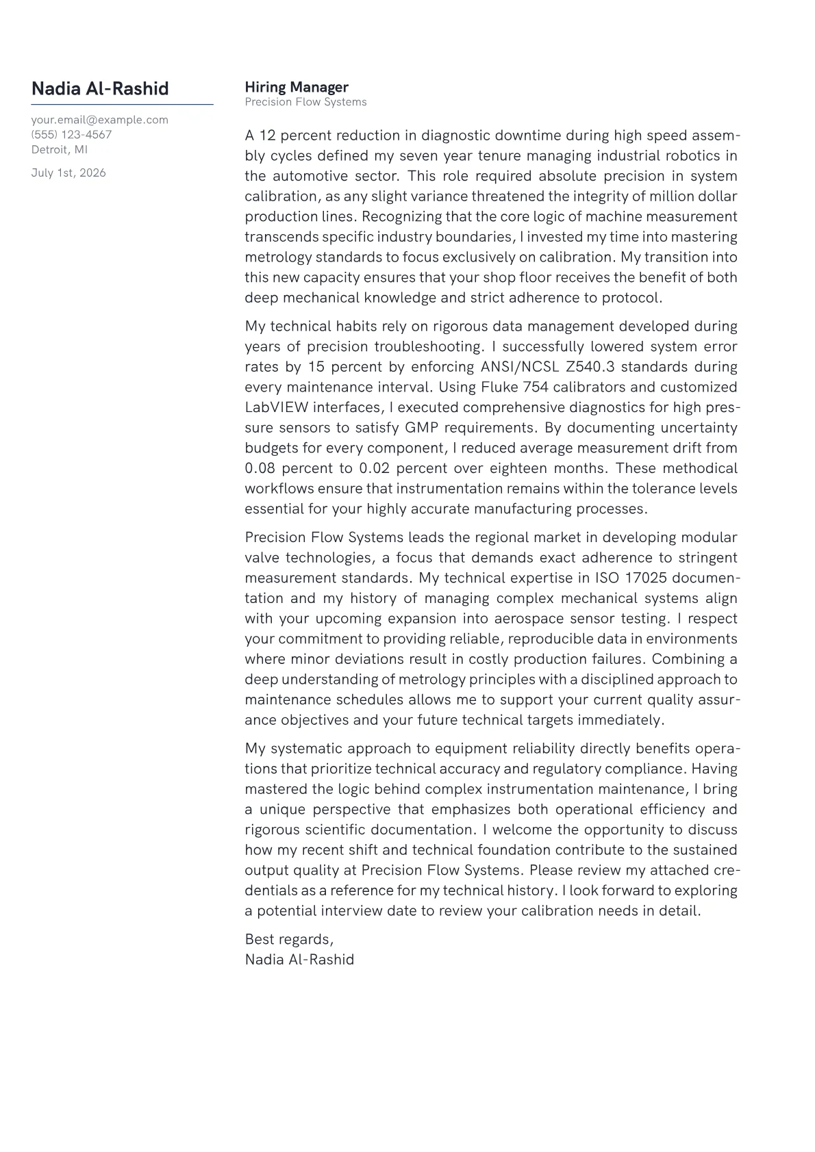 Maximum Absolute Error Example Calibration Technician Cover Letter Example (2026)