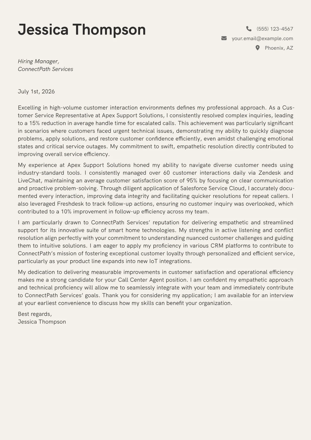 Call Center Agent cover letter formatted with a JobSprout template