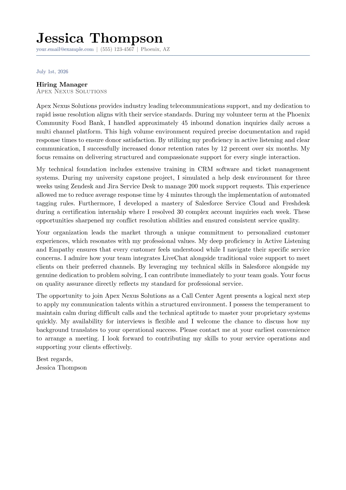 Call Center Agent cover letter in the Classic design