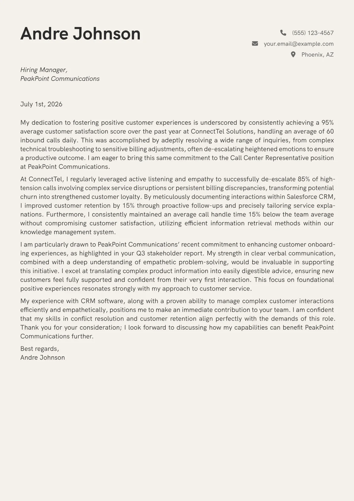 Call Center Representative cover letter formatted with a JobSprout template