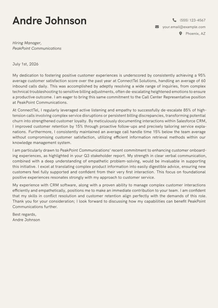 Call Center Representative Cover Letter Example