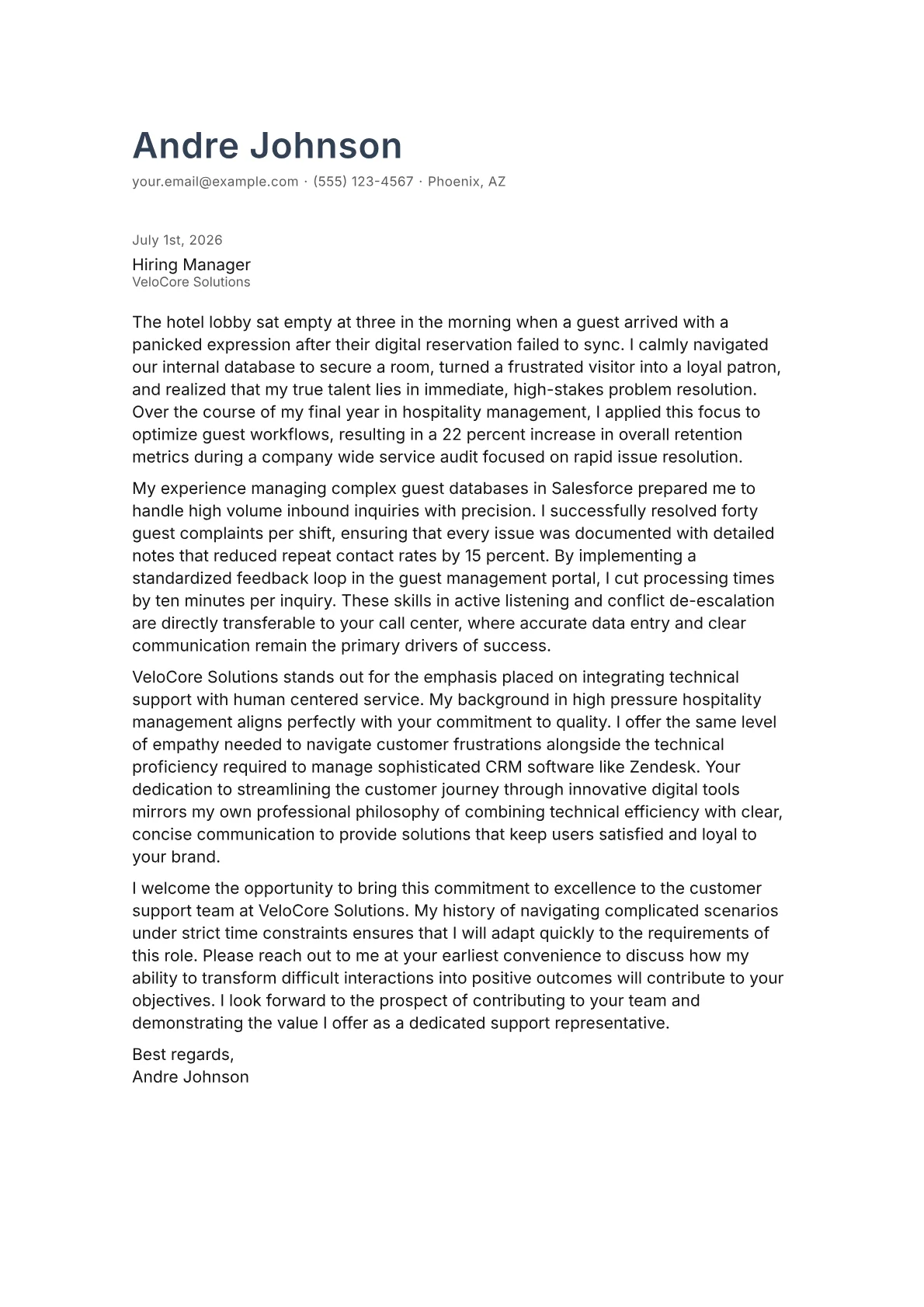 Call Center Representative cover letter in the Minimal design