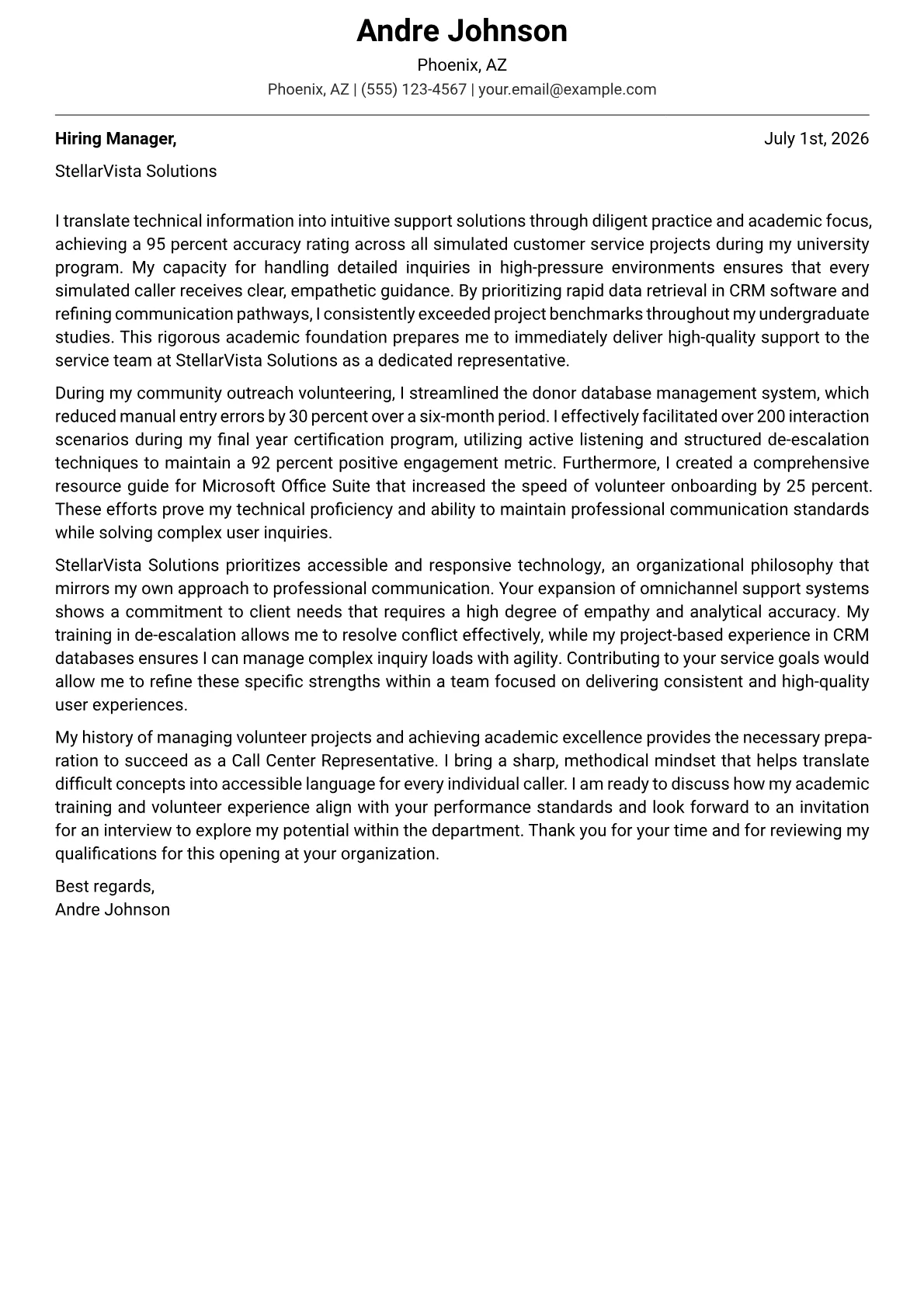 Call Center Representative cover letter in the Modern design