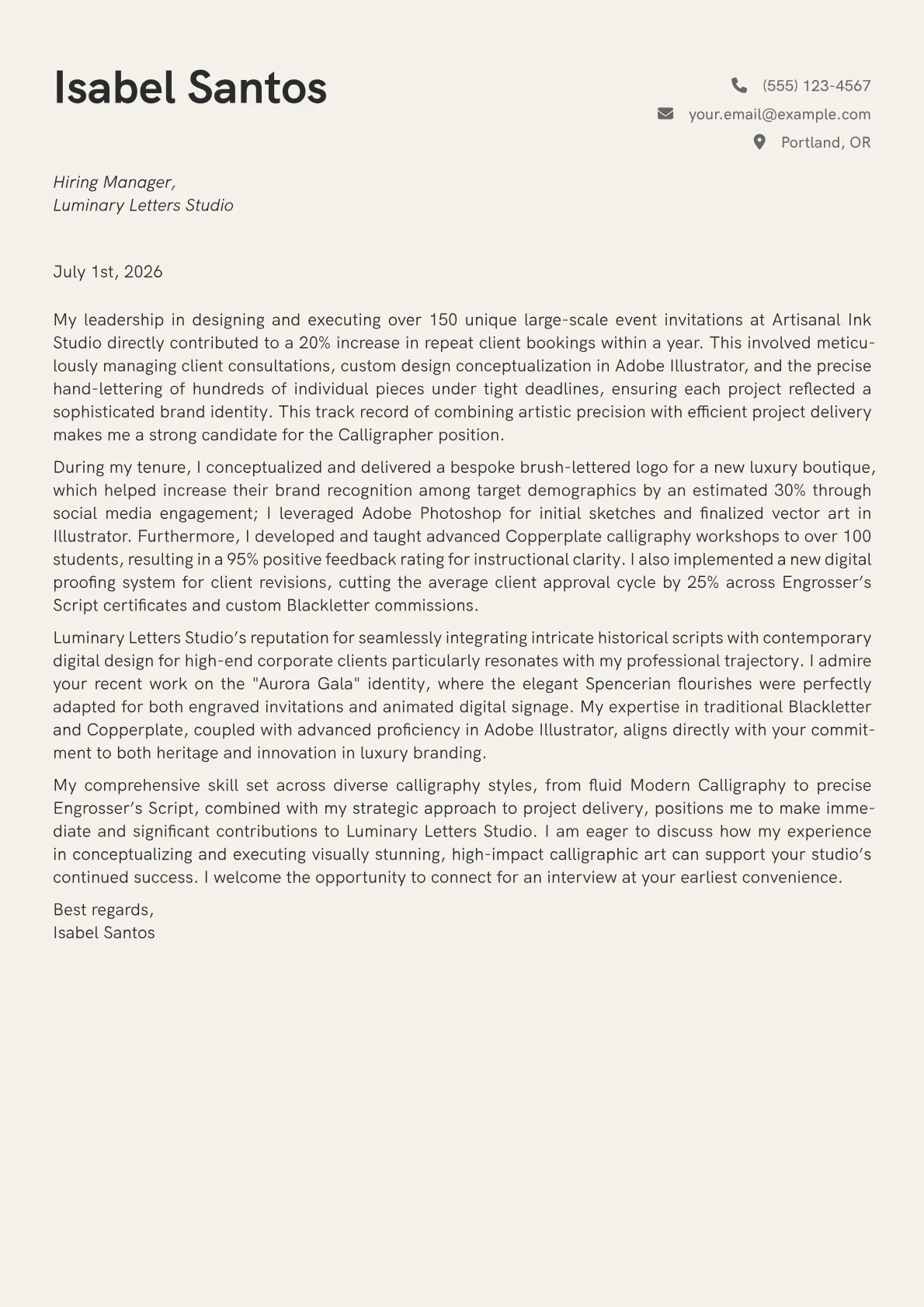 Calligrapher cover letter formatted with a JobSprout template