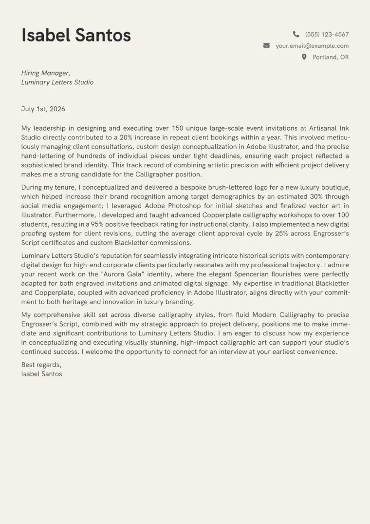 Calligrapher Cover Letter Example