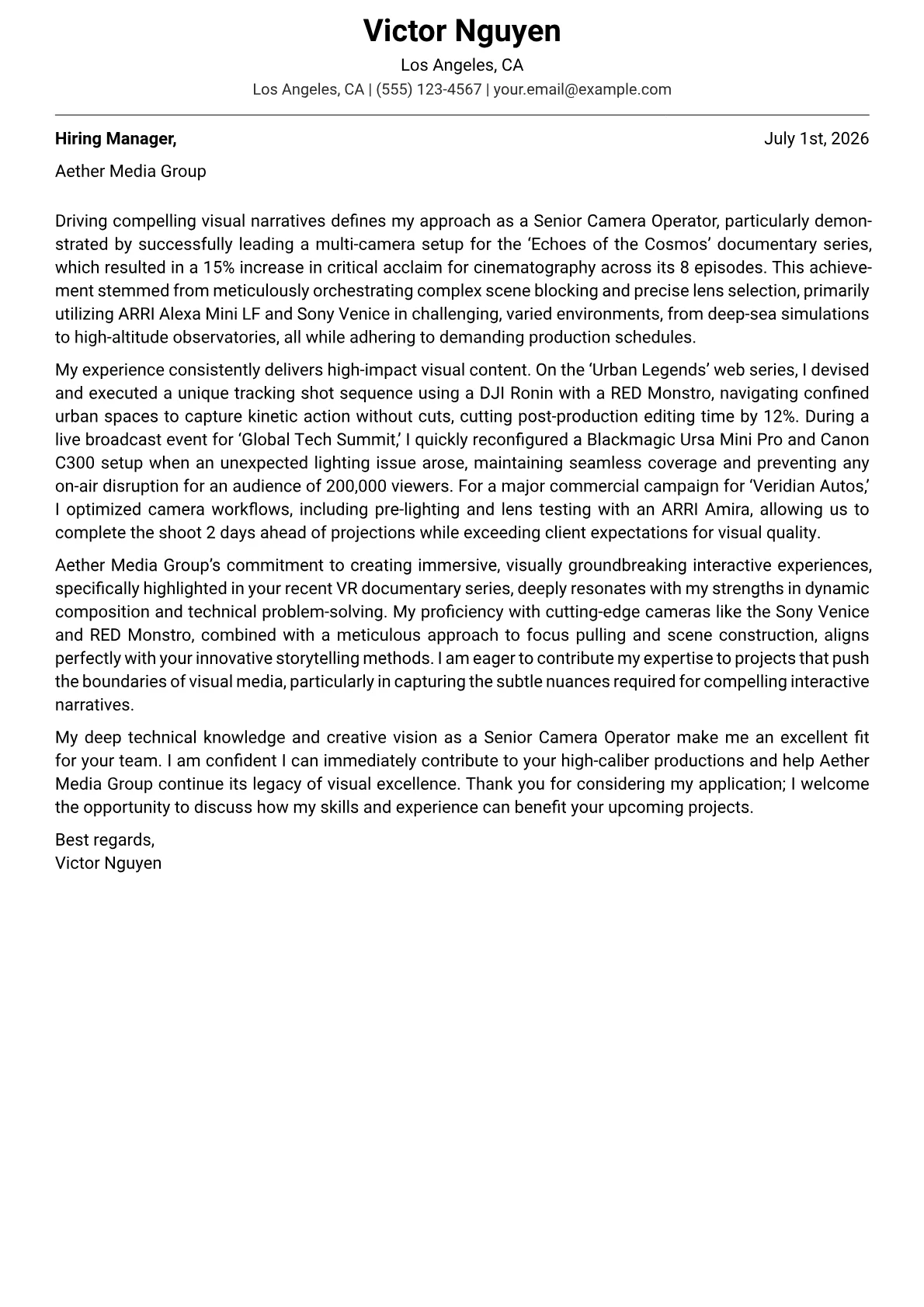 Camera Operator cover letter formatted with a JobSprout template