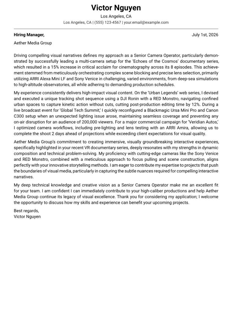 Camera Operator cover letter example