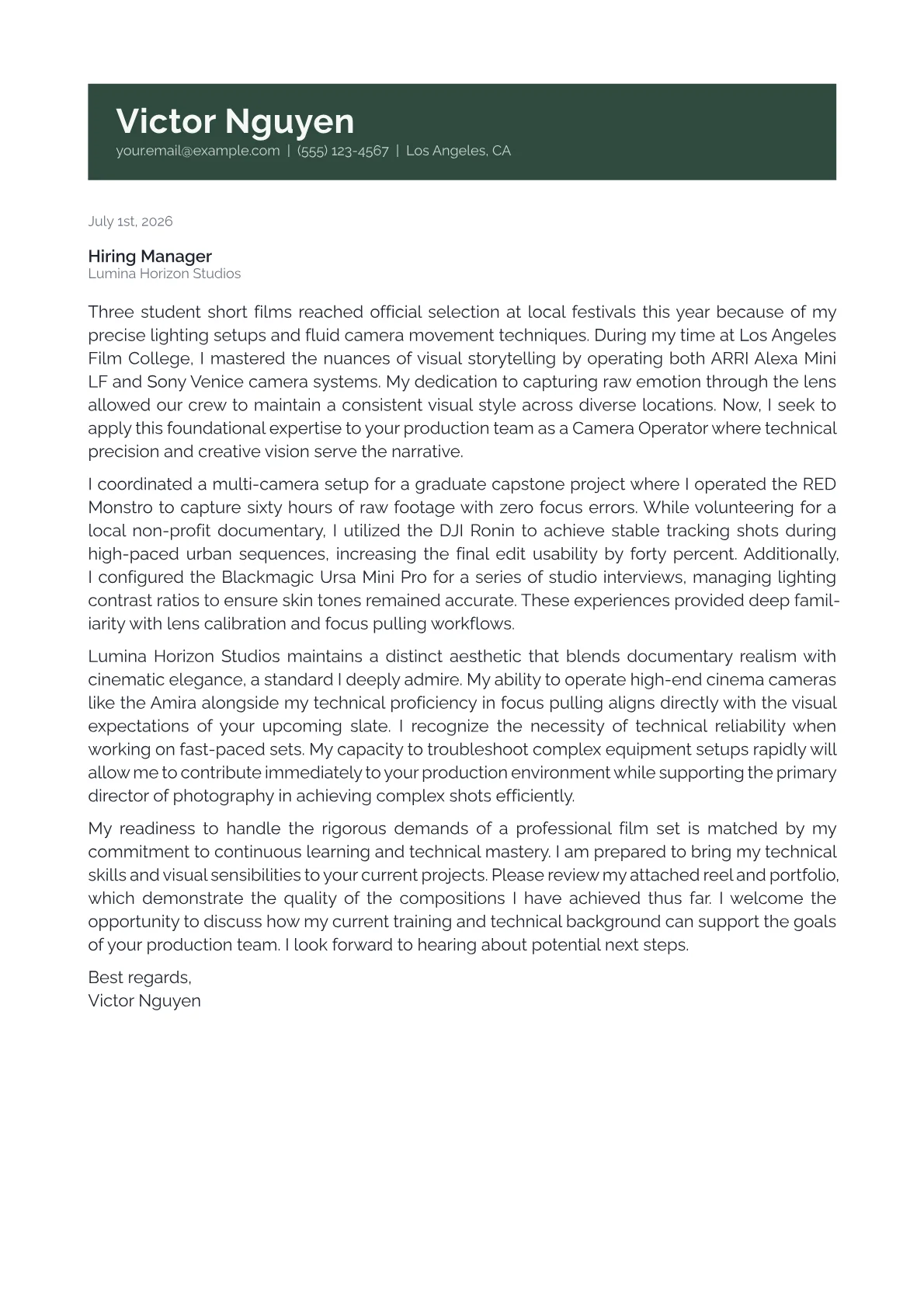 Camera Operator cover letter in the Banner design