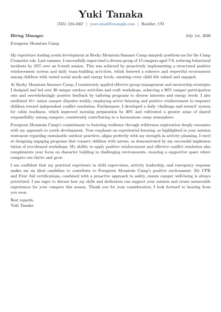 Camp Counselor Cover Letter Example