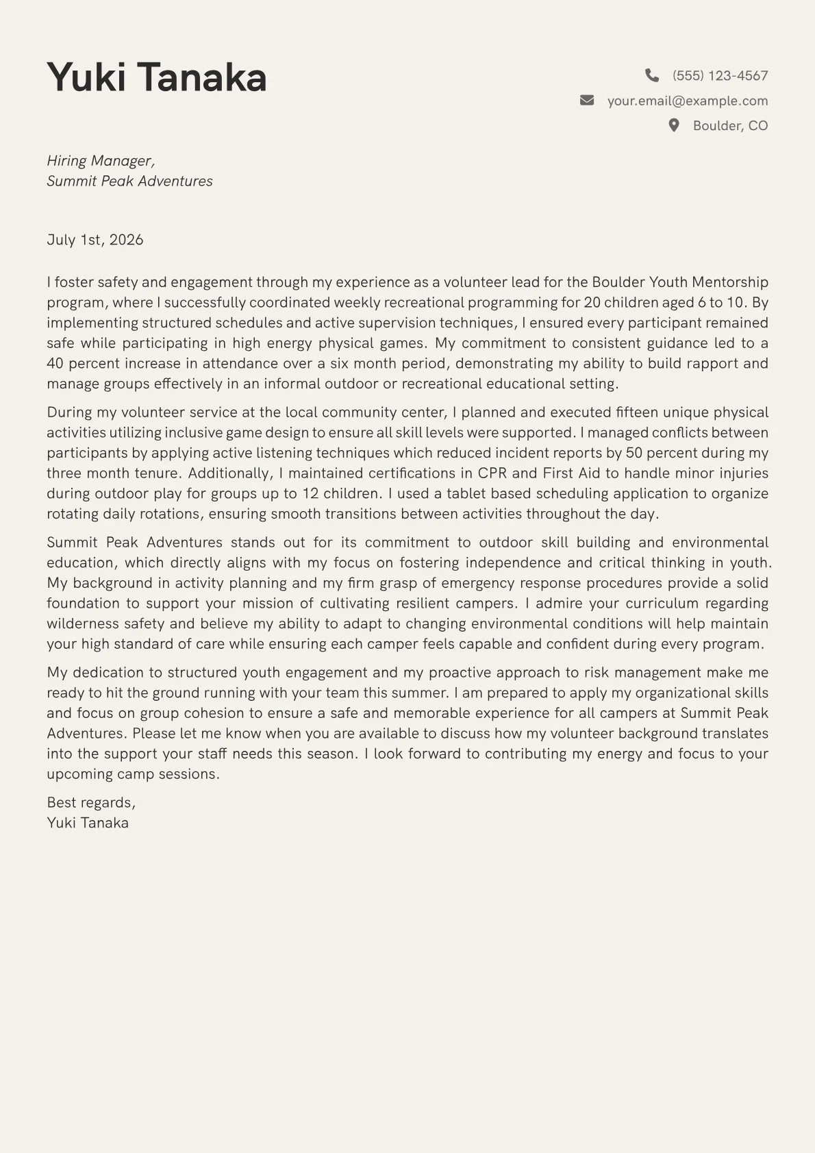 Camp Counselor cover letter in the Creative design
