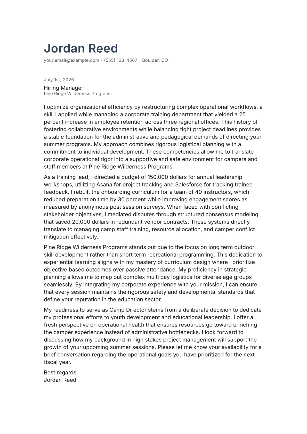 Camp Director cover letter in the Minimal design