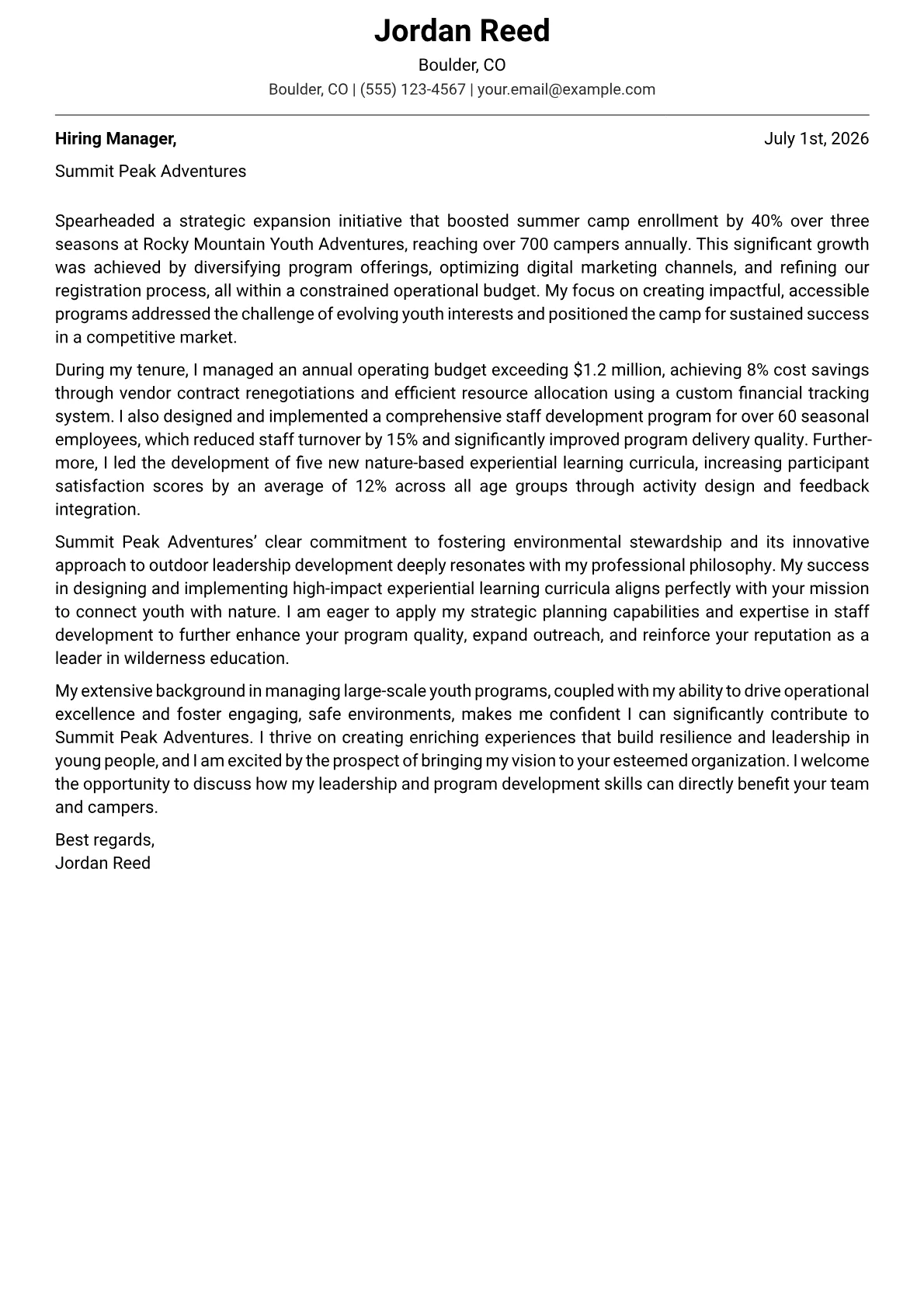 Camp Director cover letter formatted with a JobSprout template