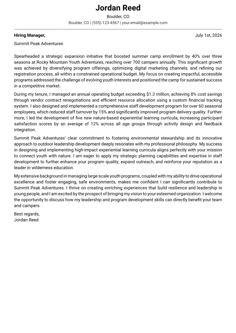 Camp Director cover letter example preview