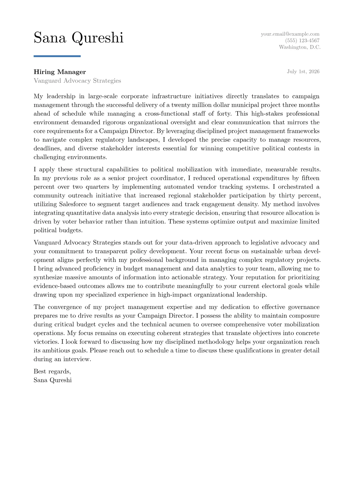 Campaign Director cover letter in the Executive design