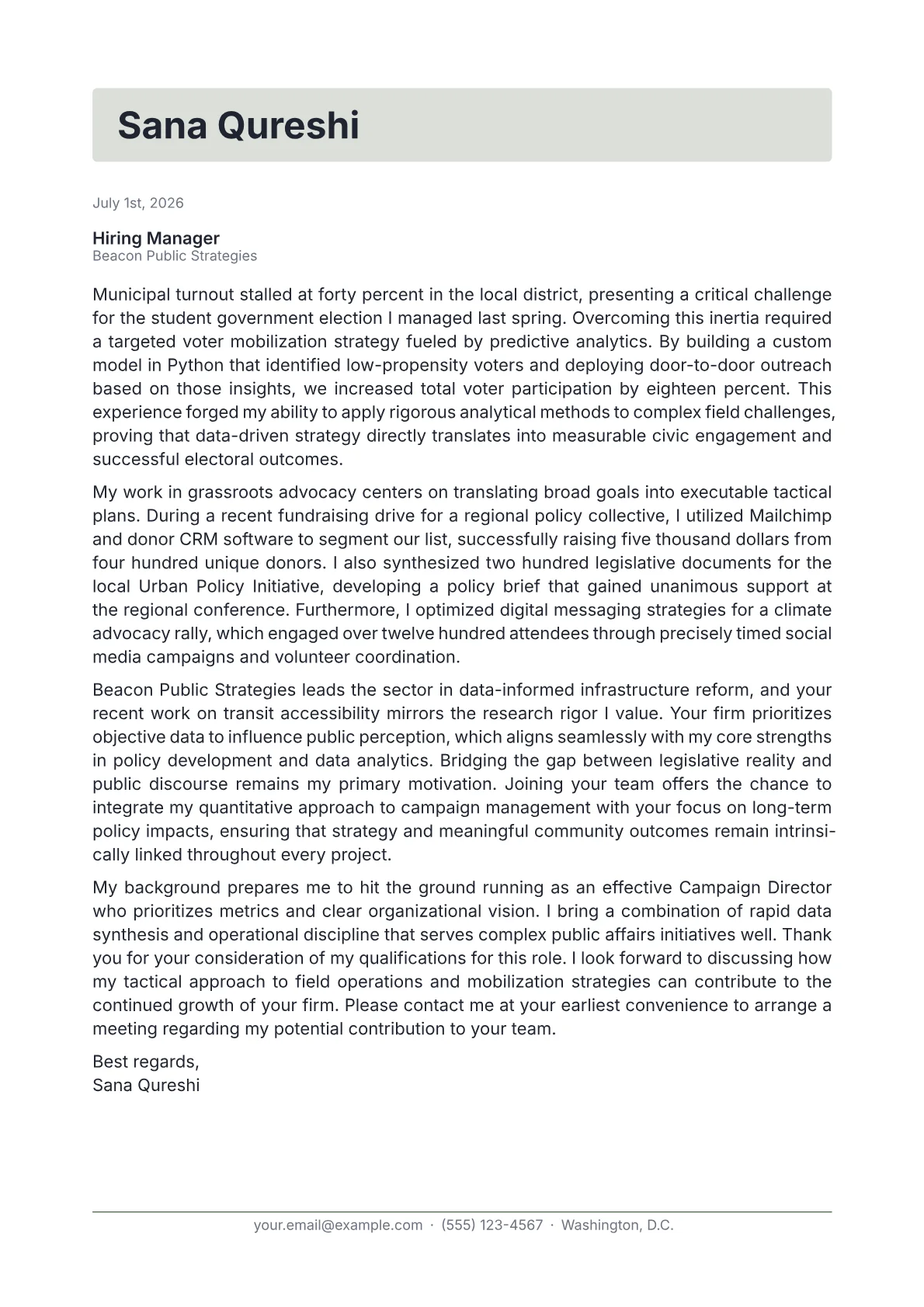 Campaign Director cover letter in the Letterhead design