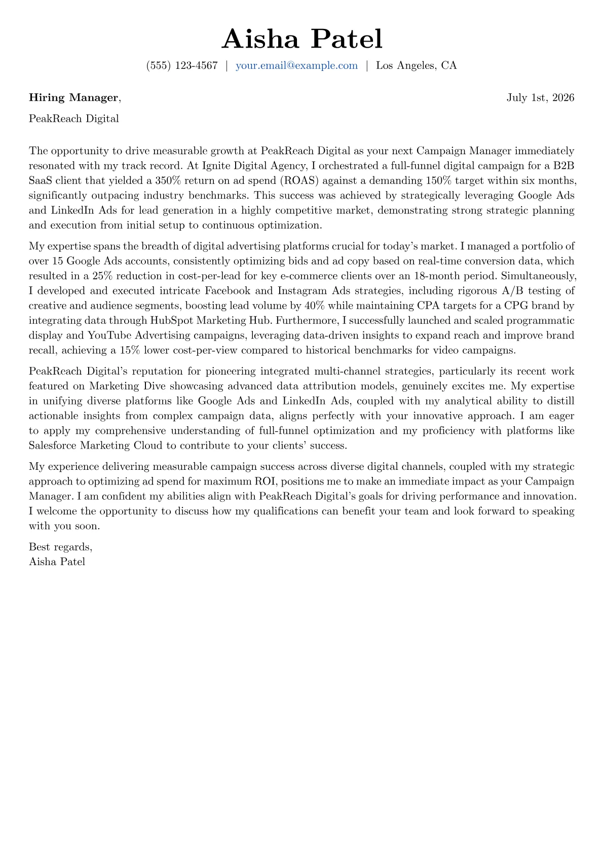 Campaign Manager cover letter formatted with a JobSprout template