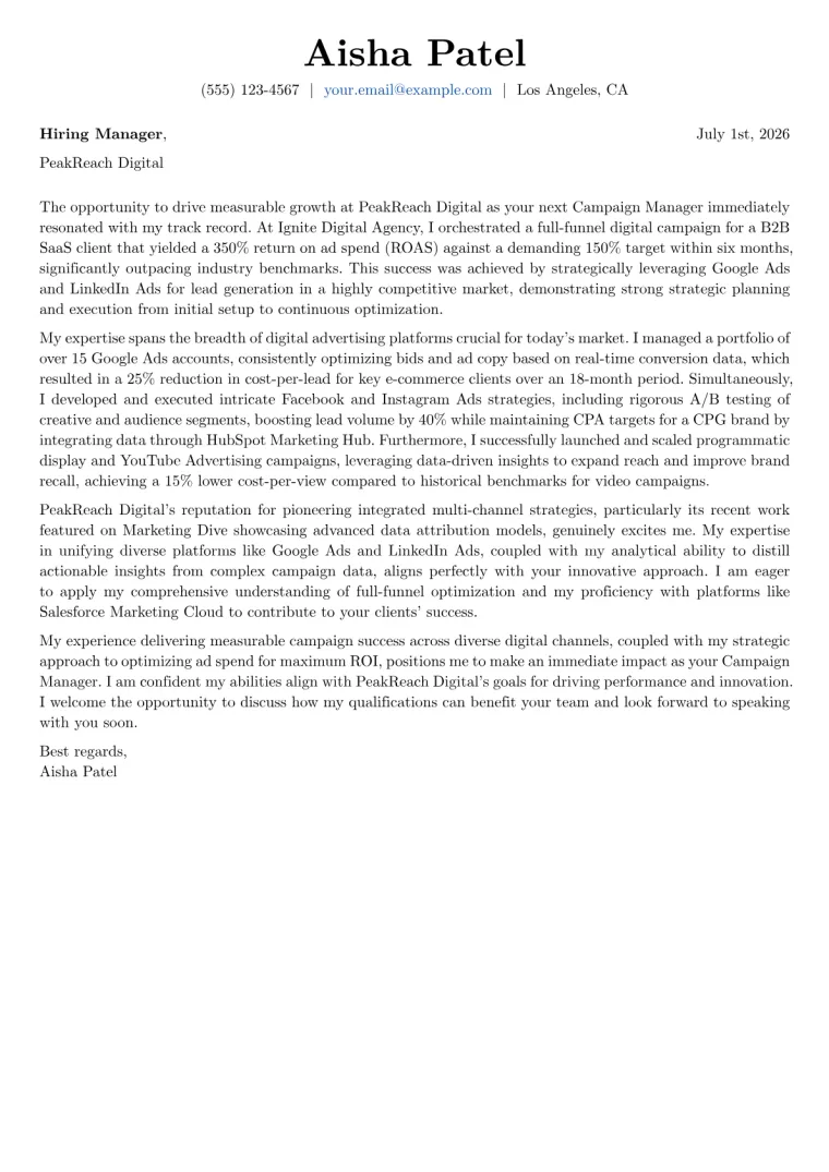 Campaign Manager Cover Letter Example