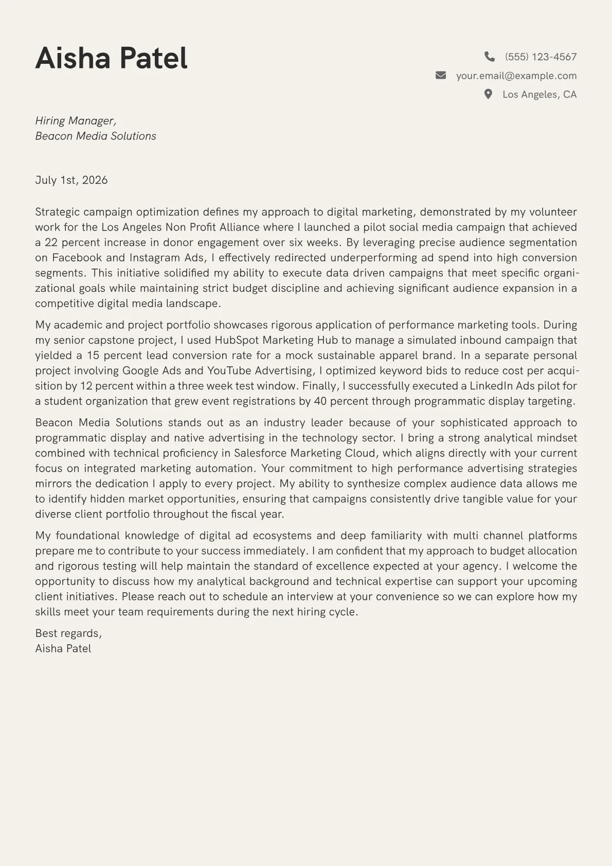 Campaign Manager cover letter in the Creative design