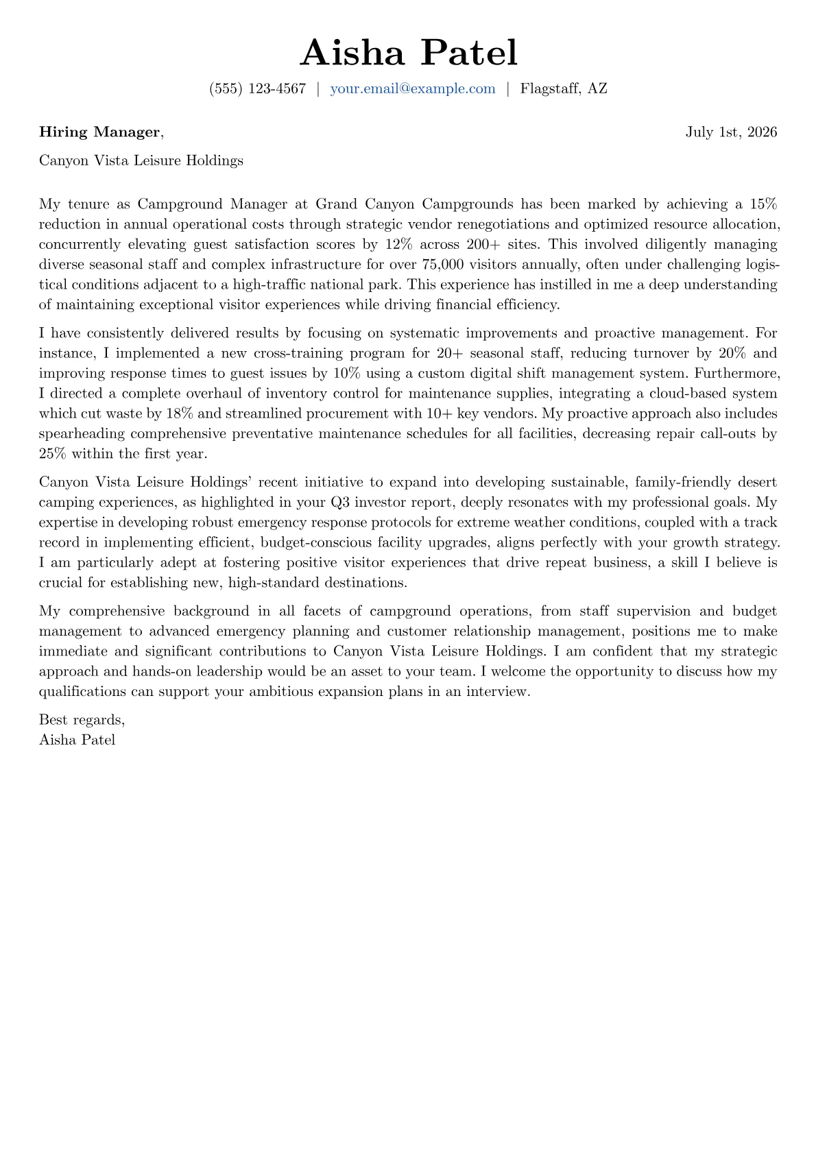 Campground Manager cover letter formatted with a JobSprout template