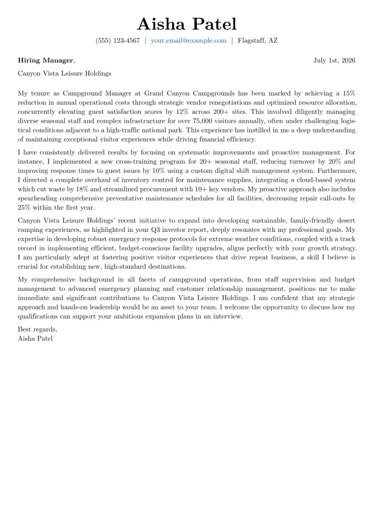 Campground Manager cover letter example preview