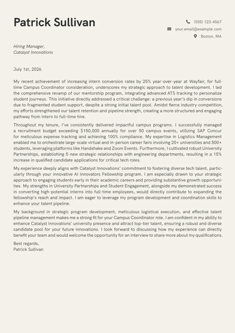 Campus Coordinator Cover Letter Example