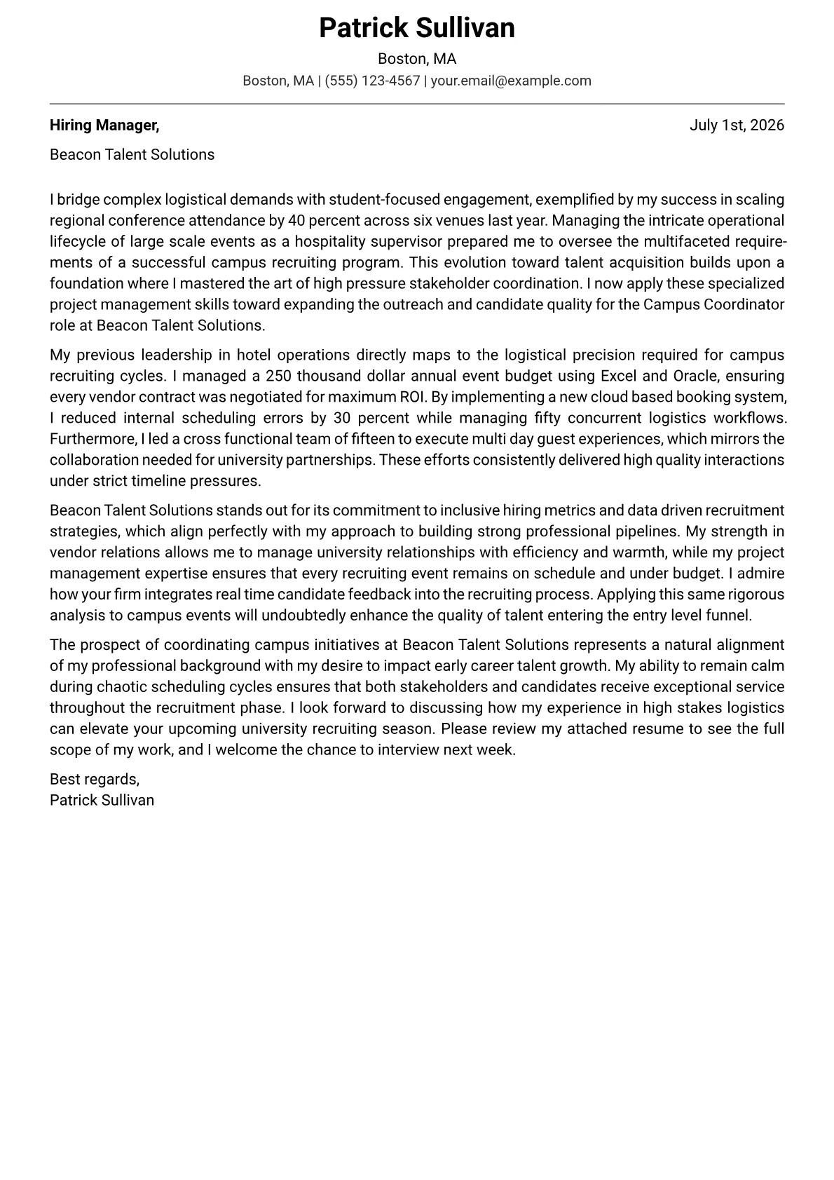 Campus Coordinator cover letter in the Modern design