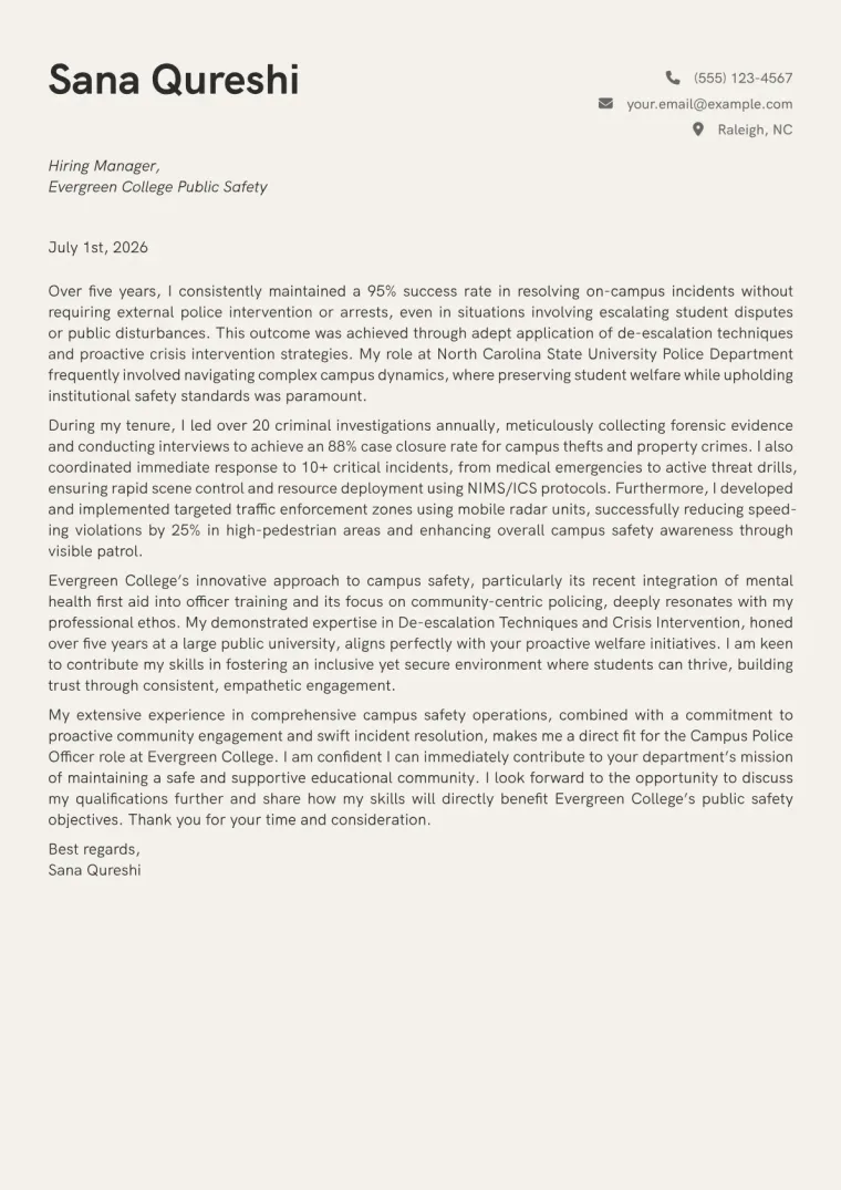 Campus Police Officer Cover Letter Example