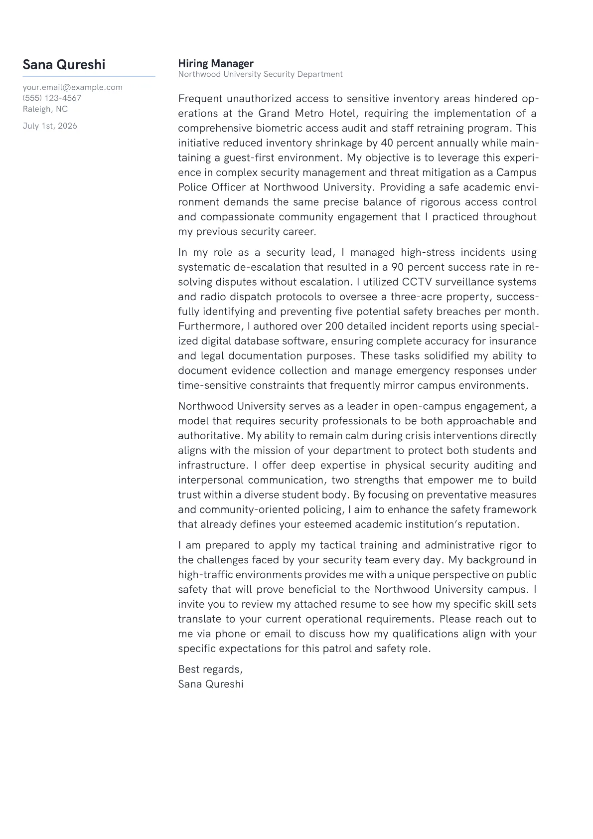 Campus Police Officer cover letter in the Margin design